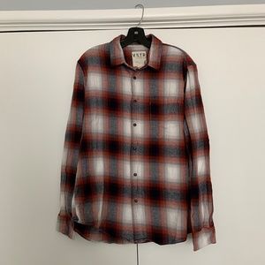 VSTR burgundy, orange, grey and white flannel L